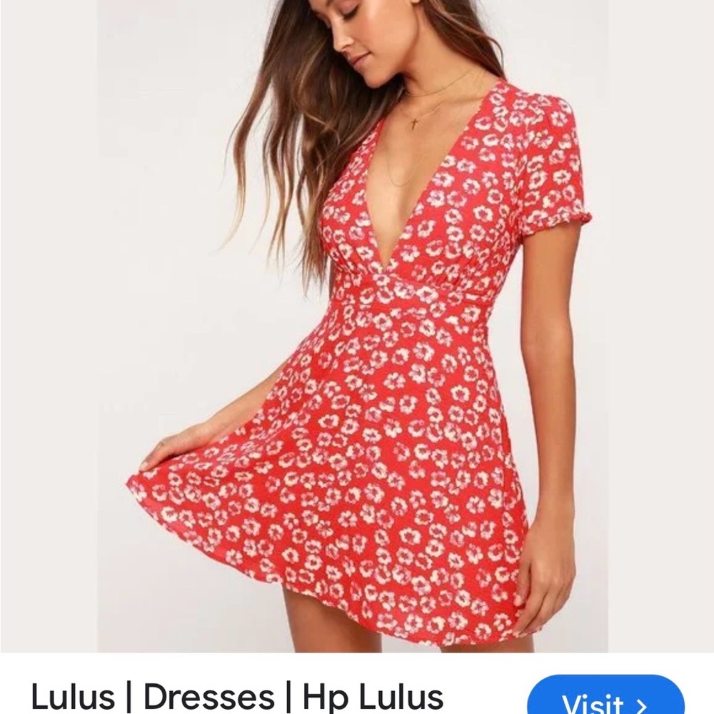Lulu's Red Floral Dress 32” long from top of collar to bottom